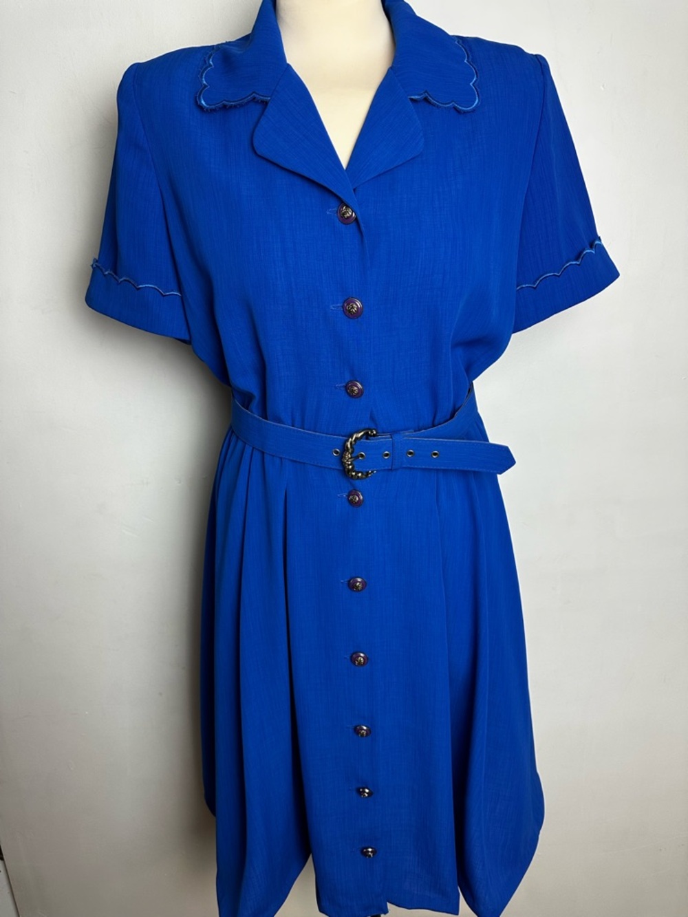 Vintage 80s Leslie Fay Blue Midi Dress with Belt Women's Size 10 Petite Stretch - Picture 12 of 12